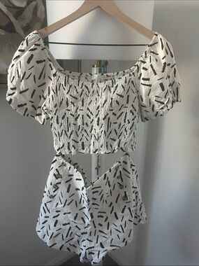 Women’s White Smocked Off-Shoulder Crop Top with Black Print Short Set